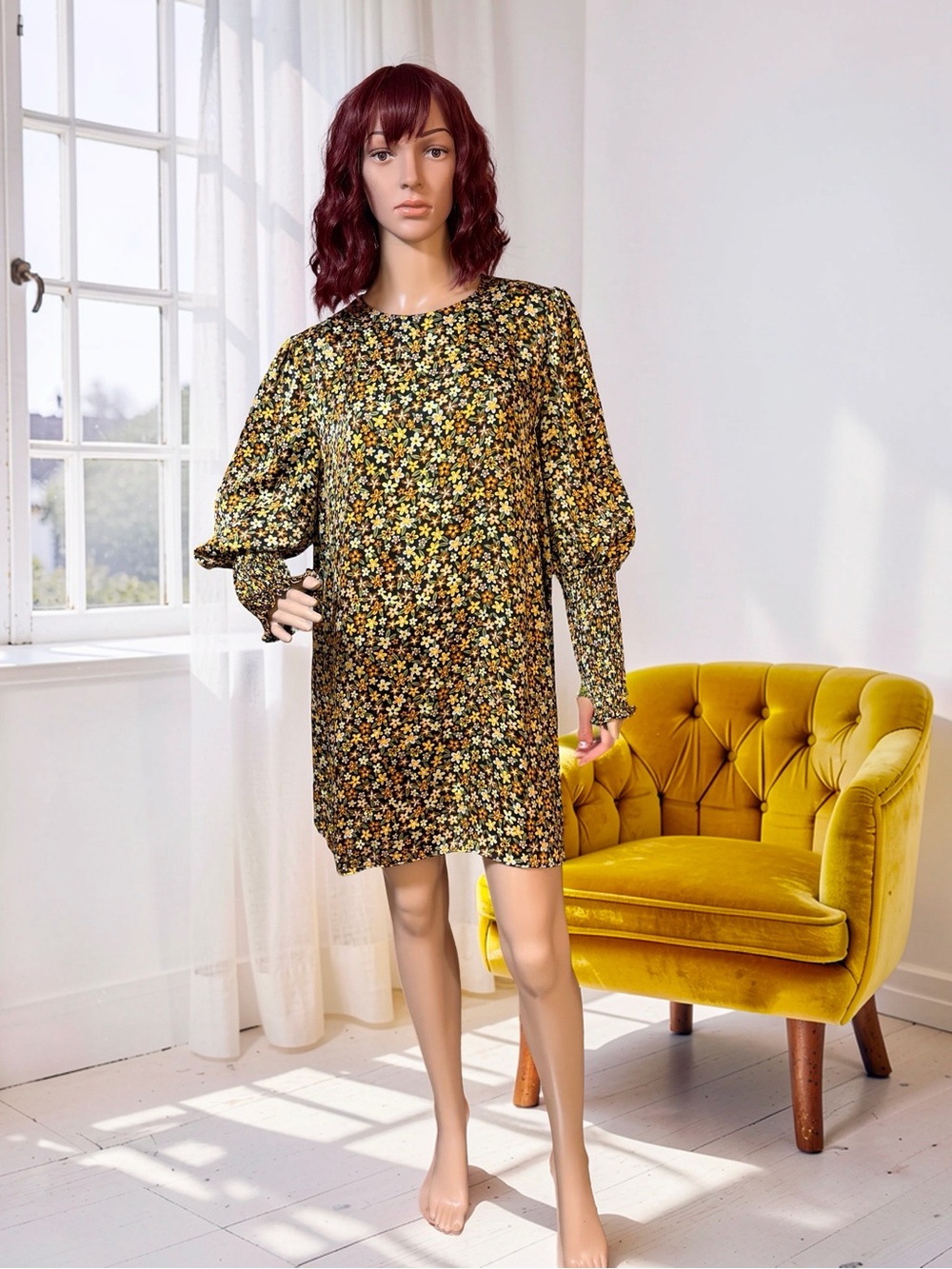 Zara NWOT Sz M Black Long Sleeve Baggy Mini Dress with Yellow Floral Print (0899